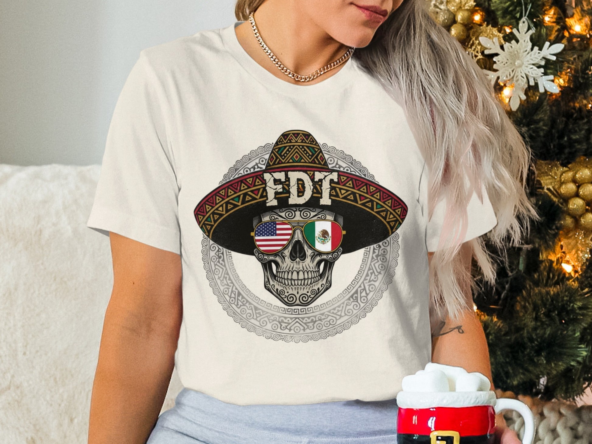 Festive Skull Sombrero Shirt with Dual Flags Design