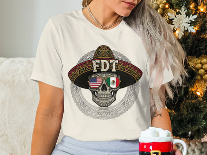 Festive Skull Sombrero Shirt with Dual Flags Design