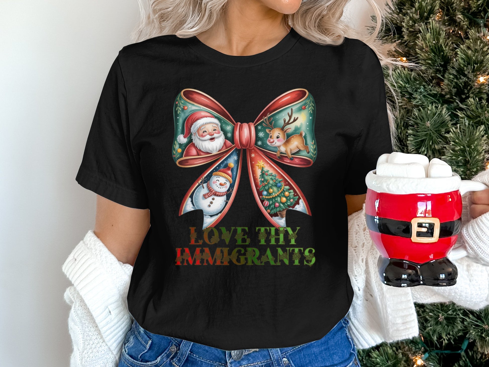 Love Thy Immigrants Christmas Bow T-shirt