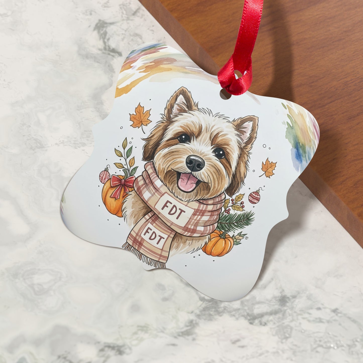 Festive Dog Illustration Ornament with Leaves and Pumpkins