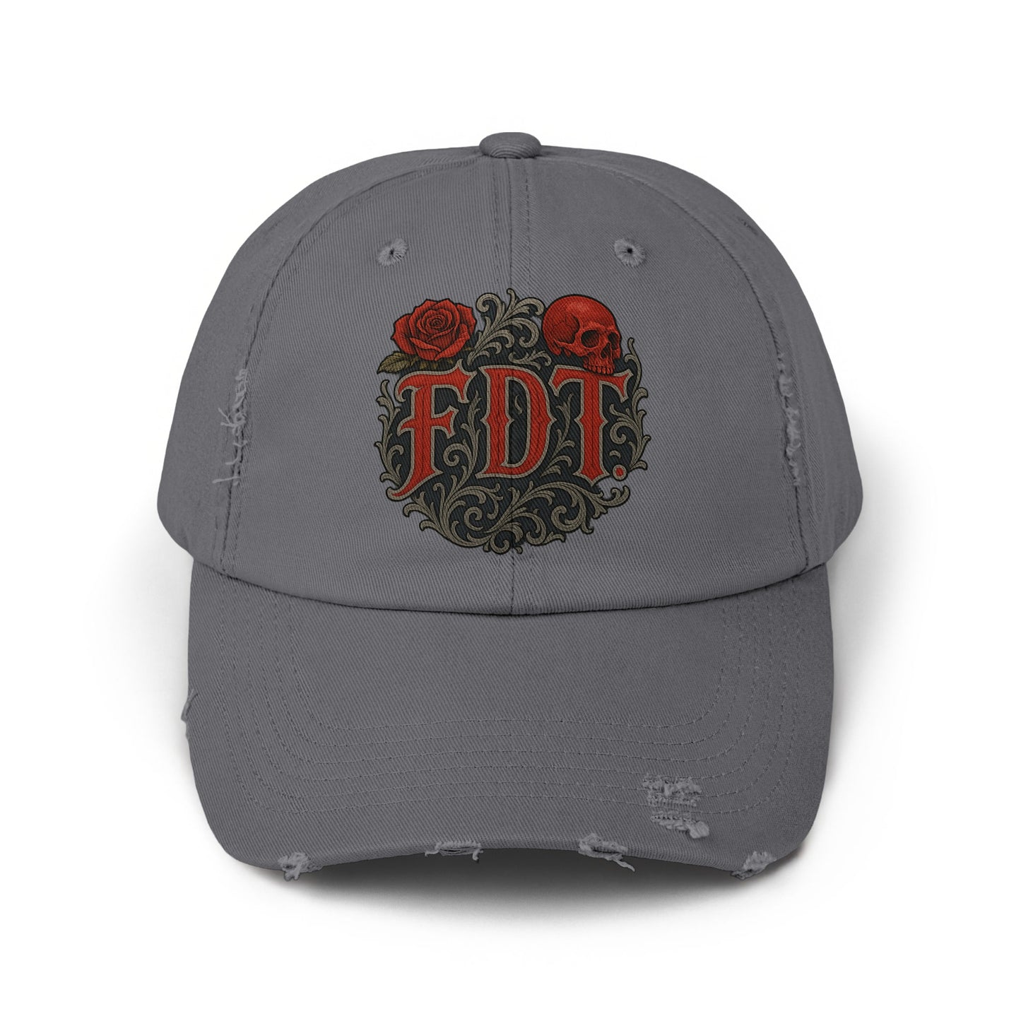 Gothic Rose Skull Design Grey Distressed Cap product