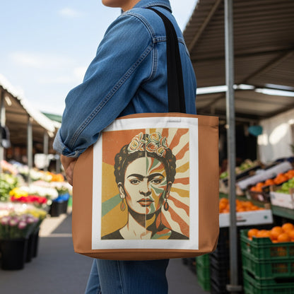 Tote bag featuring a stylized, colorful portrait of Frida Kahlo with flowers in her hair.