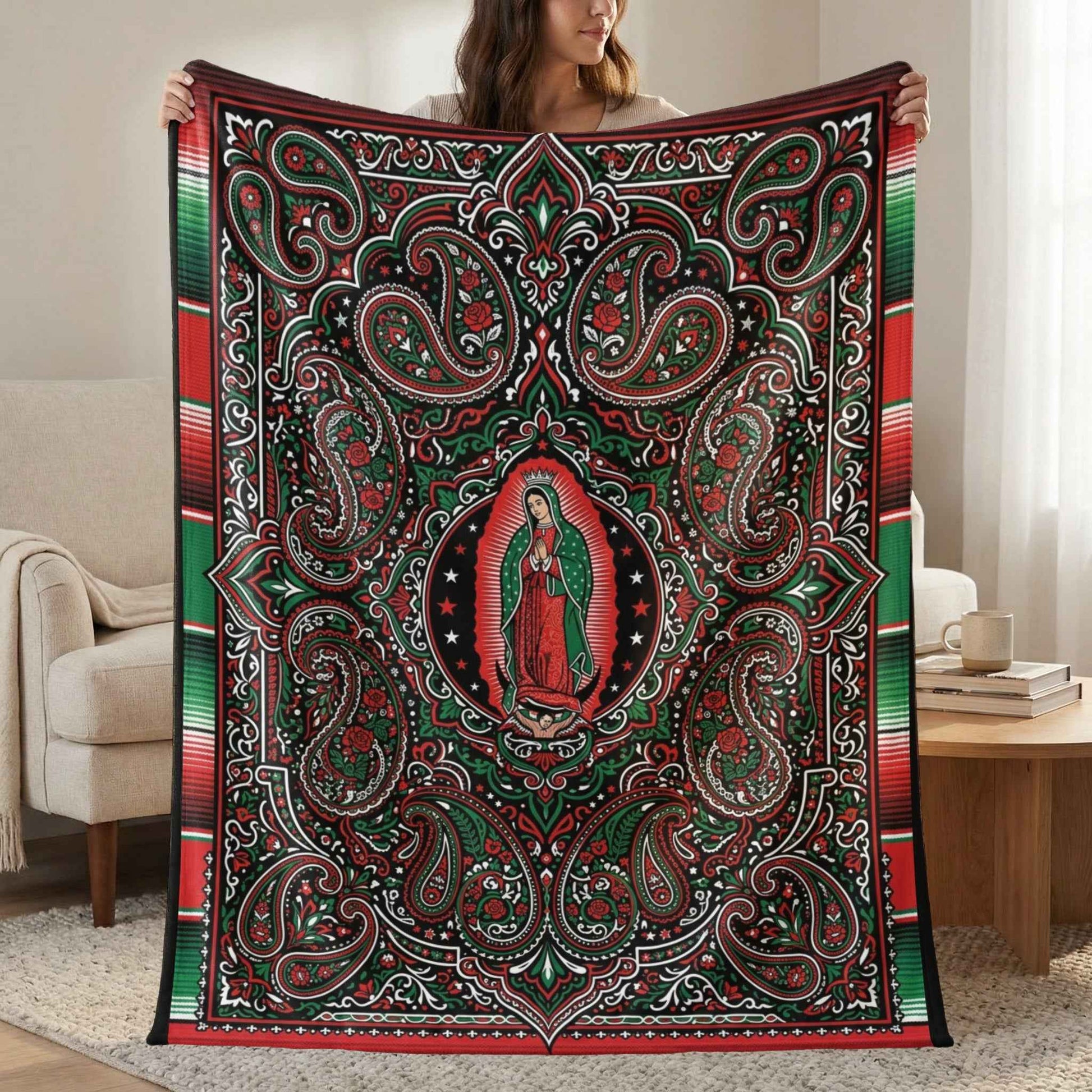 Our Lady of Guadalupe Blankets, Virgen de Guadalupe Mexican Art, Red Green Black Paisley Floral Throw, Chicano Catholic Devotional Decor
