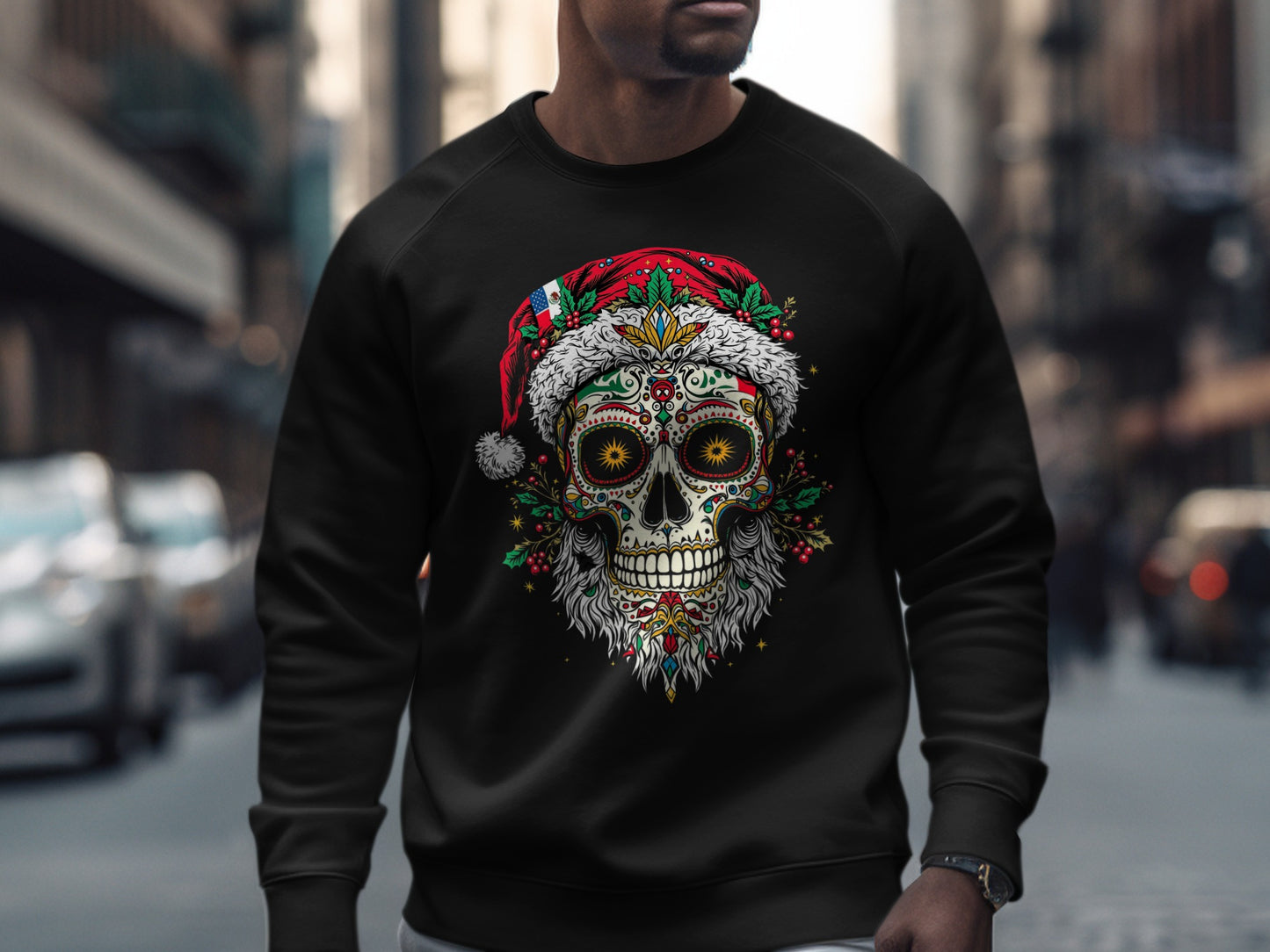 Festive Santa Skull Design Holiday Sweatshirt