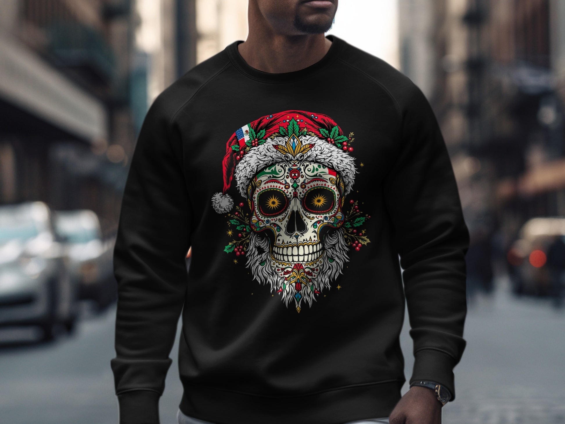 Festive Santa Skull Design Holiday Sweatshirt