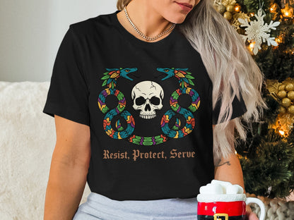 Resist Protect Serve Skull Snake Print Shirt