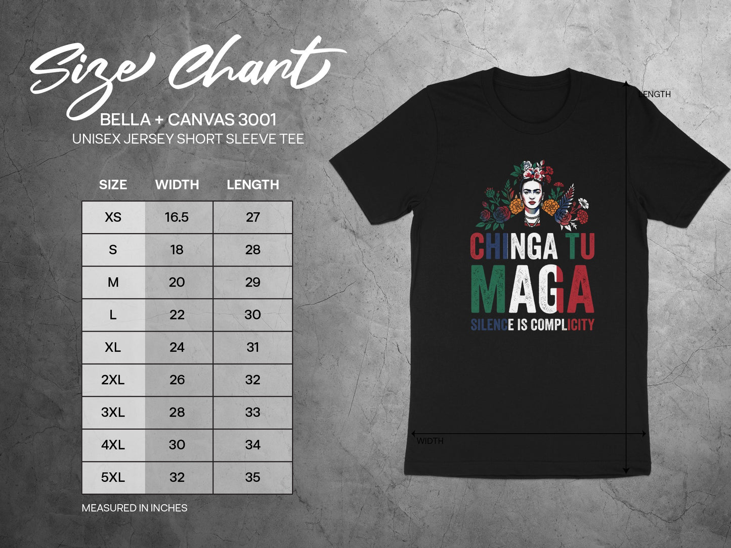 Bella + Canvas 3001 size chart with measurements for unisex jersey tee.