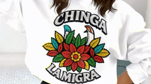 A white sweatshirt with a colorful graphic design on the front, featuring a flower and birds.