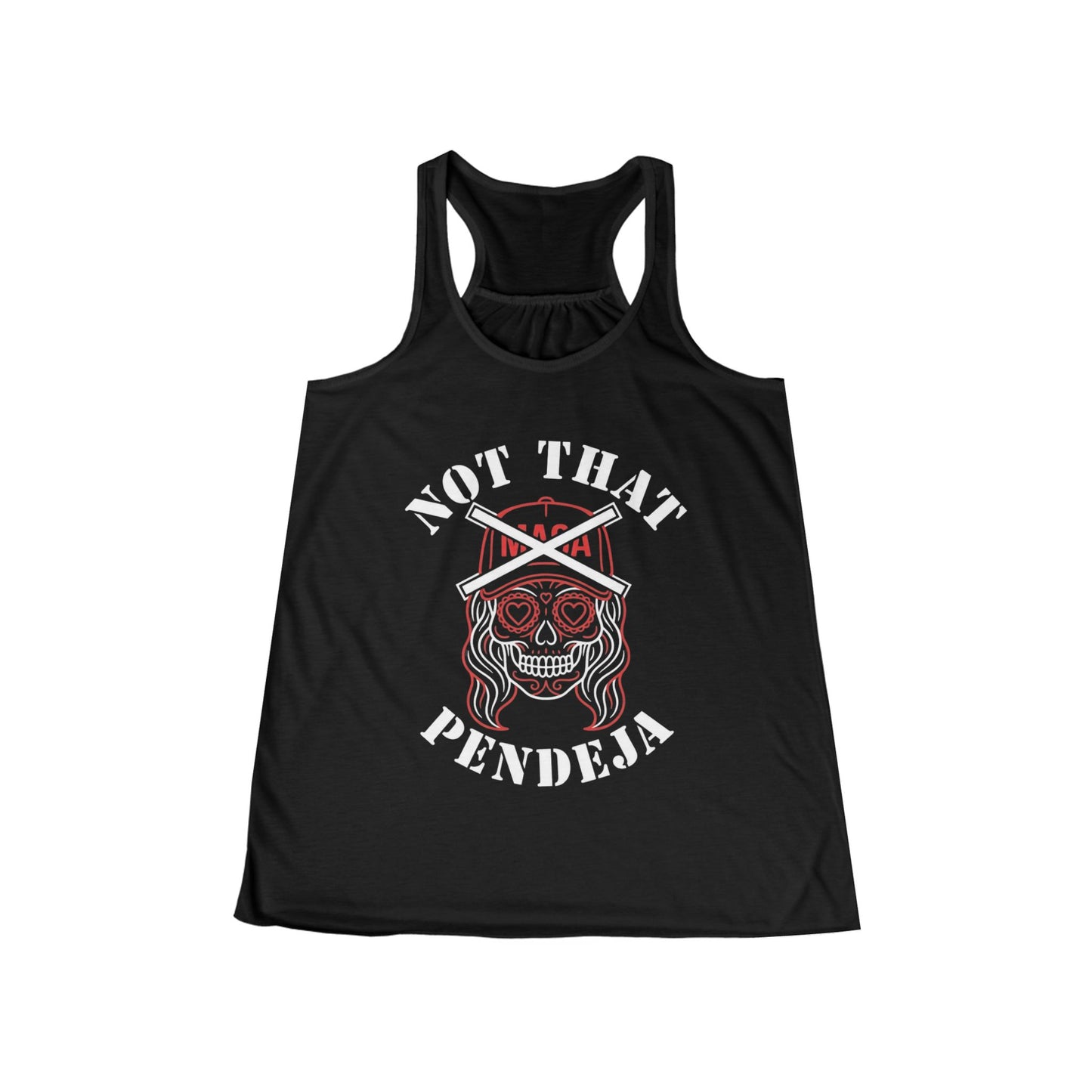 Black tank top with white and red graphic of a skull with hearts and crossed bats.