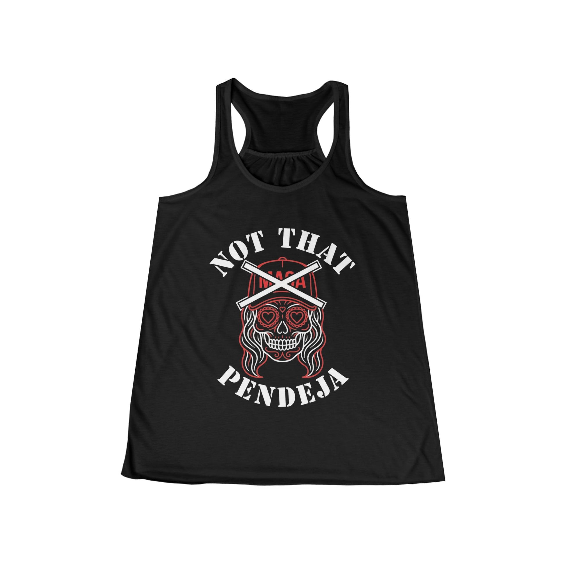 Black tank top with white and red graphic of a skull with hearts and crossed bats.