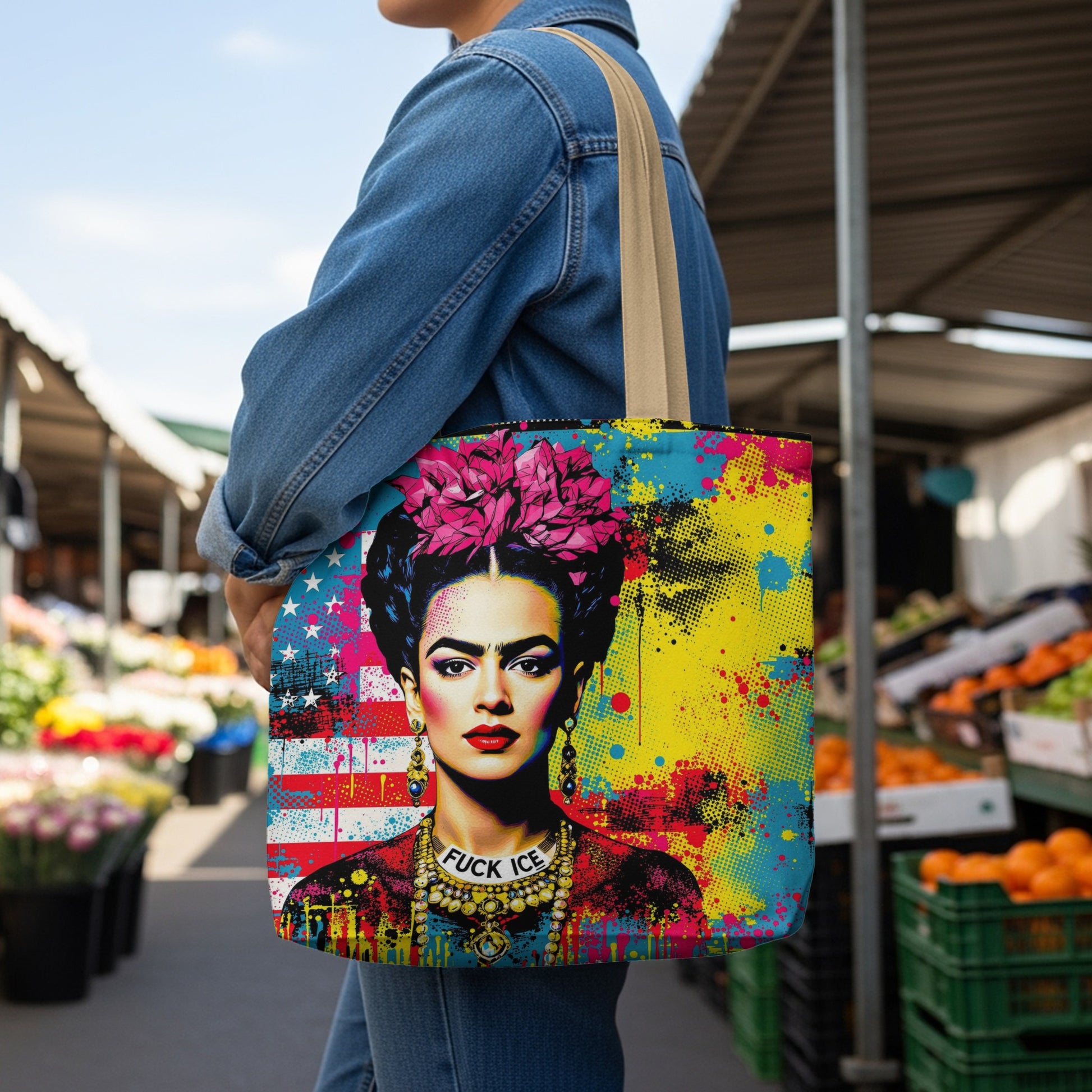 Tote bag with Frida Kahlo, American flag, and "FUCK ICE" text.