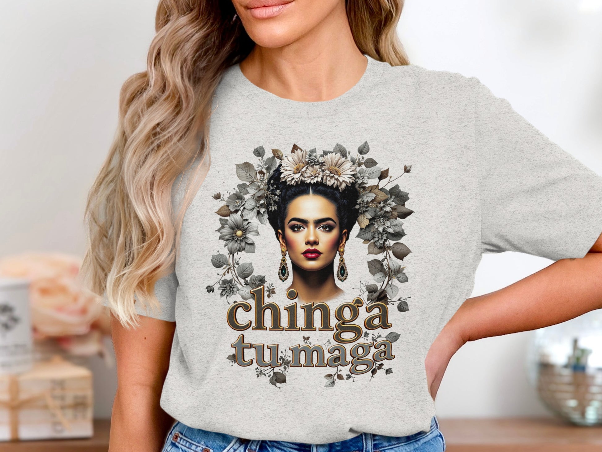 Chinga Tu Maga Graphic Tee with Floral Portrait Design
