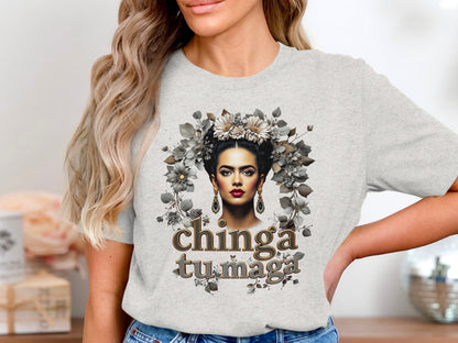 Chinga Tu Maga Graphic Tee with Floral Portrait Design