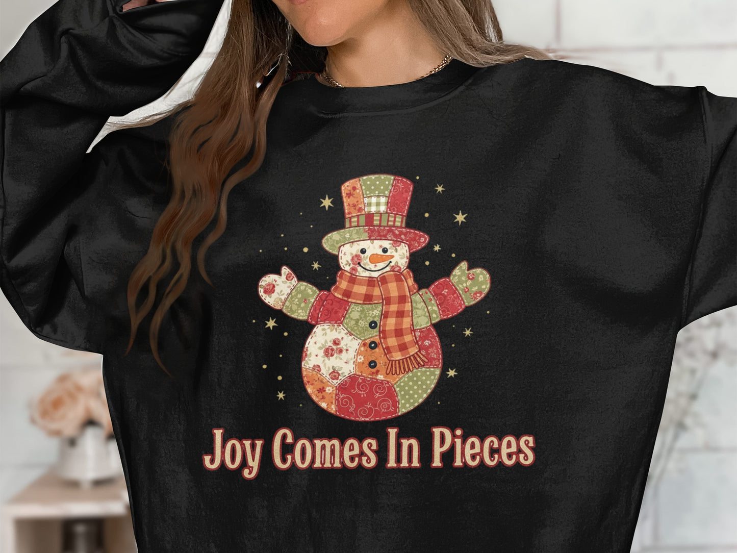 Joy Comes In Pieces snowman graphic sweatshirt