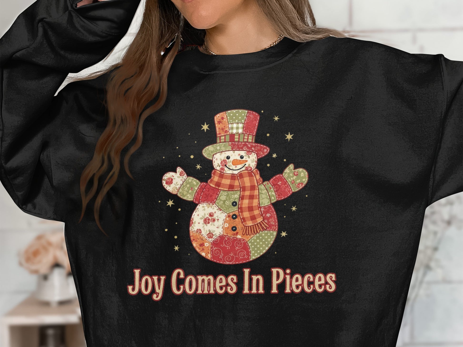 Joy Comes In Pieces snowman graphic sweatshirt