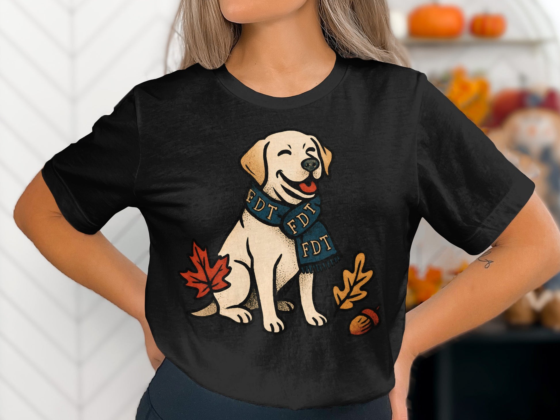 Happy Dog Autumn Leaves Illustration T-Shirt