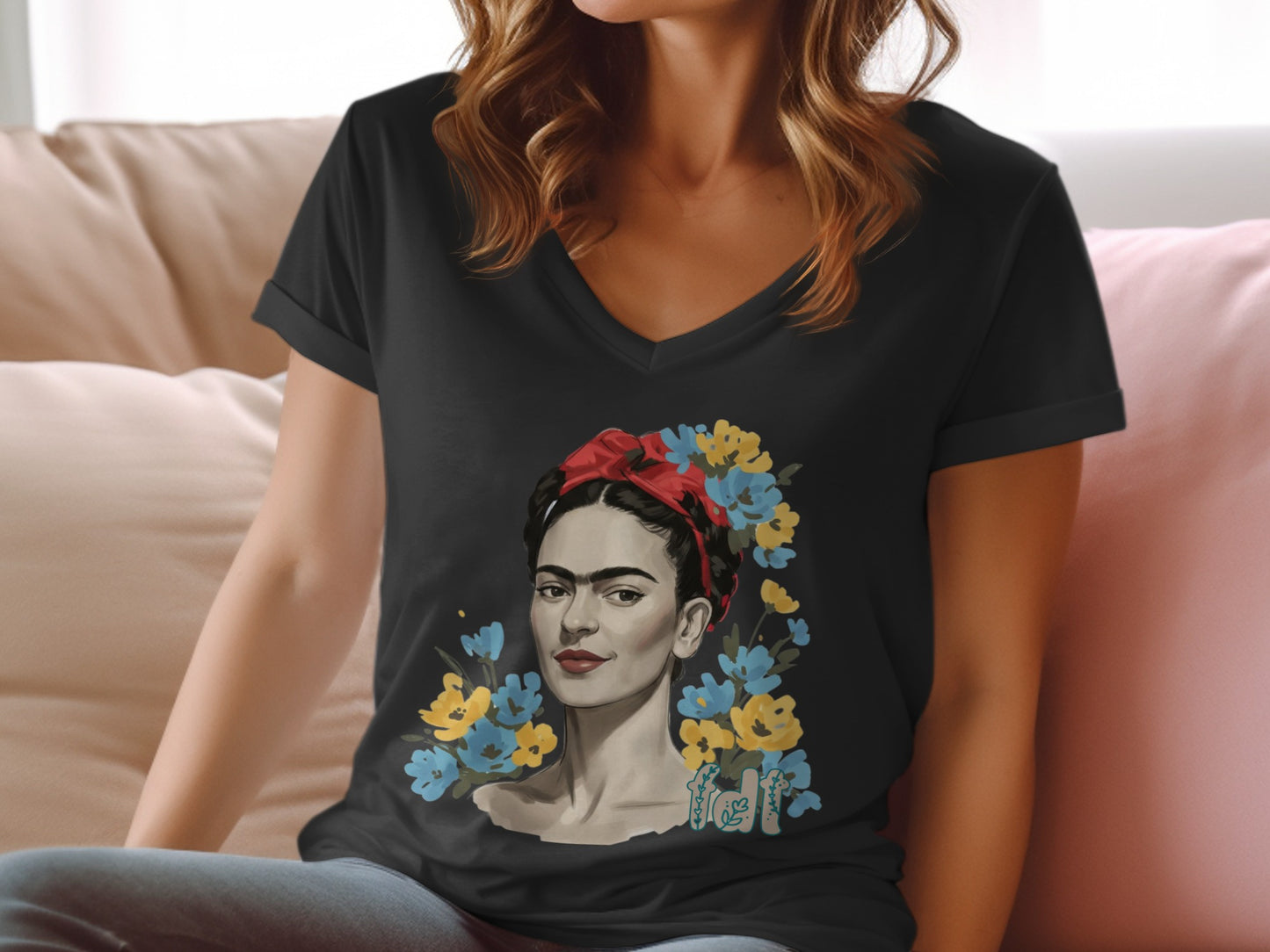 Frida Portrait on Black V-Neck T-Shirt for Art Lovers