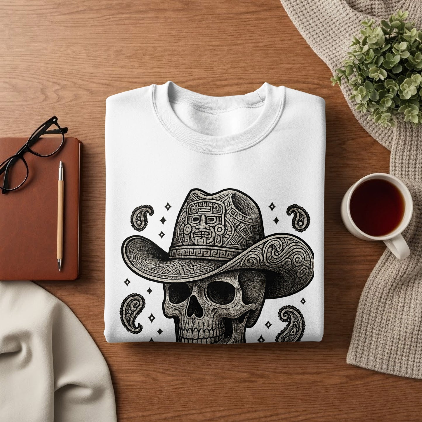 Intricately Designed Skull Wearing Cowboy Hat Sweatshirt