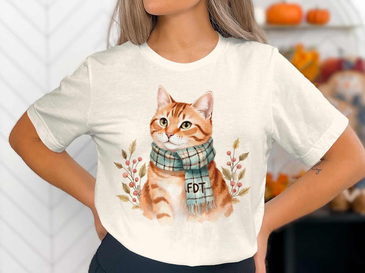 Orange Tabby Cat with Scarf Autumn Style T-shirt