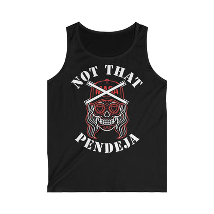 Black tank top with a sugar skull design and "NOT THAT PENDEJA" text.