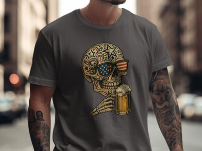Patriotic Skull Drinking Beer Graphic Tee product type