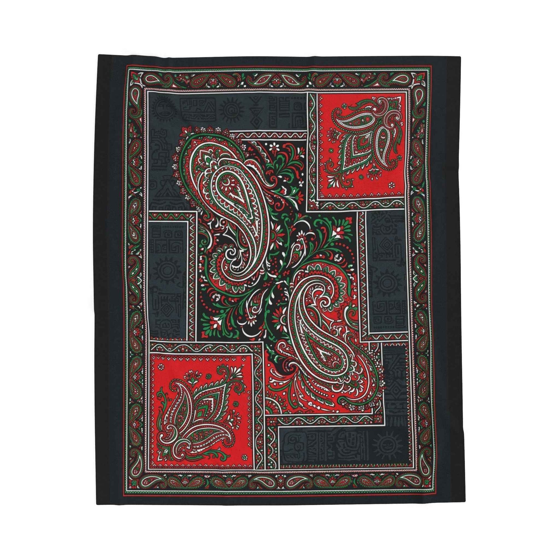 Vibrant Paisley Patchwork Blanket, Bohemian Red Black Green Throw, Intricate Ethnic Design, Artistic Folk Art Print, Unique Cozy Blankets