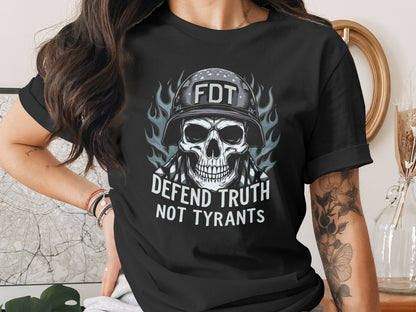 Defend Truth Not Tyrants Skull Helmet Printed T-shirt