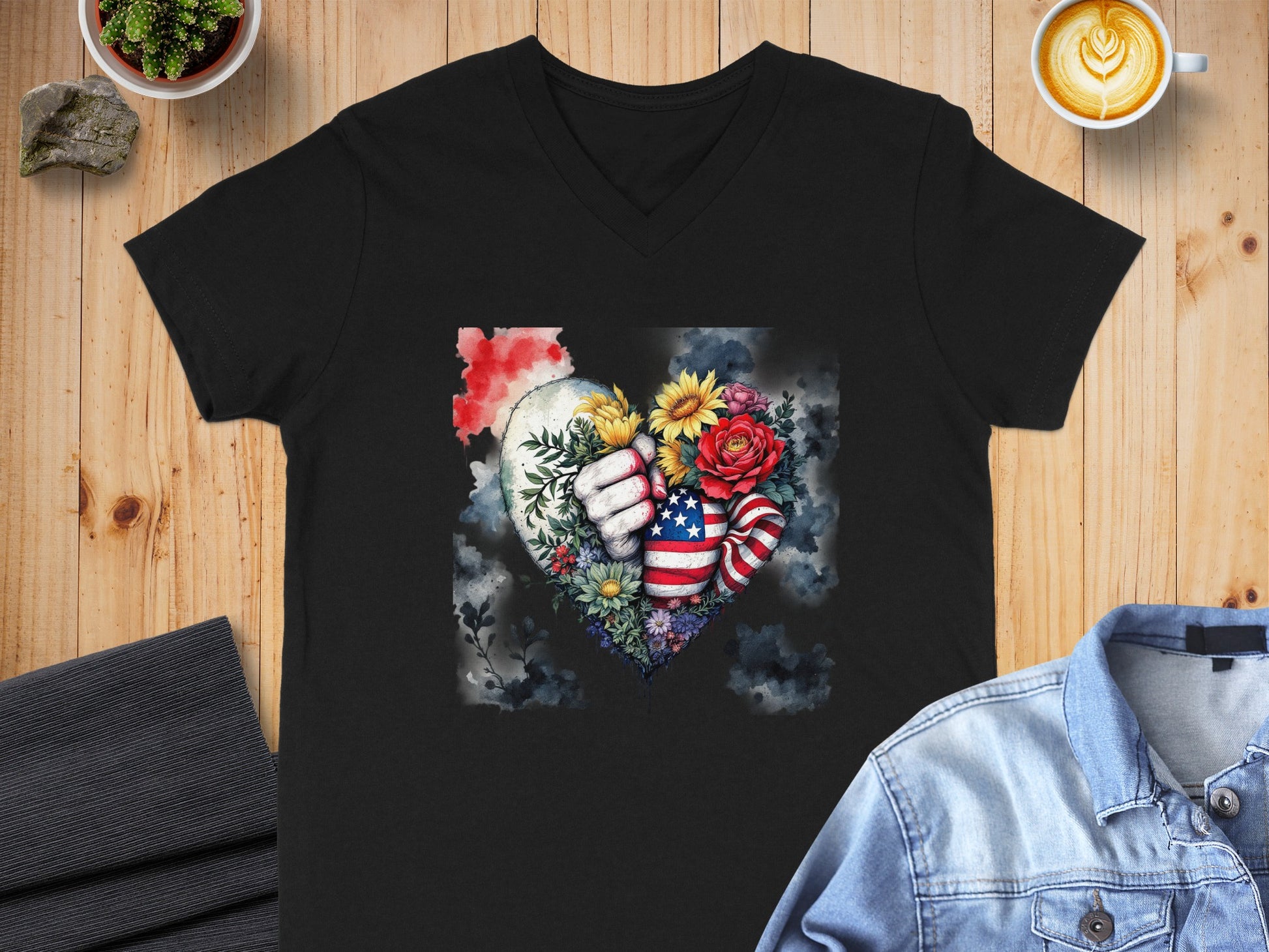 Heart Shaped Hand with Flag and Flowers Design T-Shirt