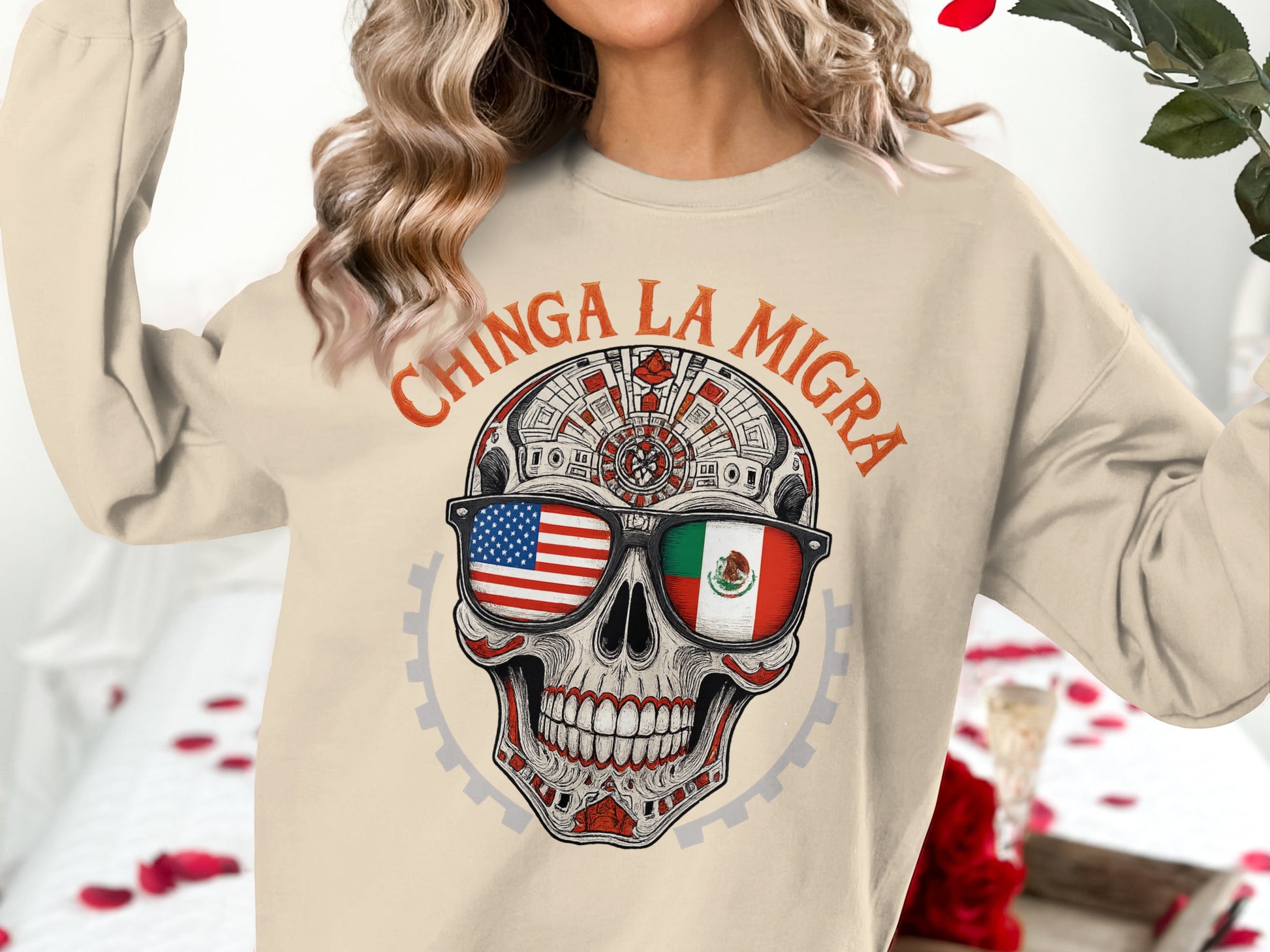 Chinga La Migra Skull With Sunglasses Design Sweater