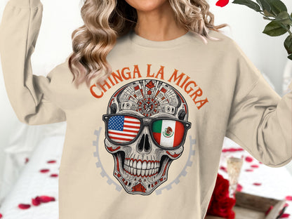 Chinga La Migra Skull With Sunglasses Design Sweater