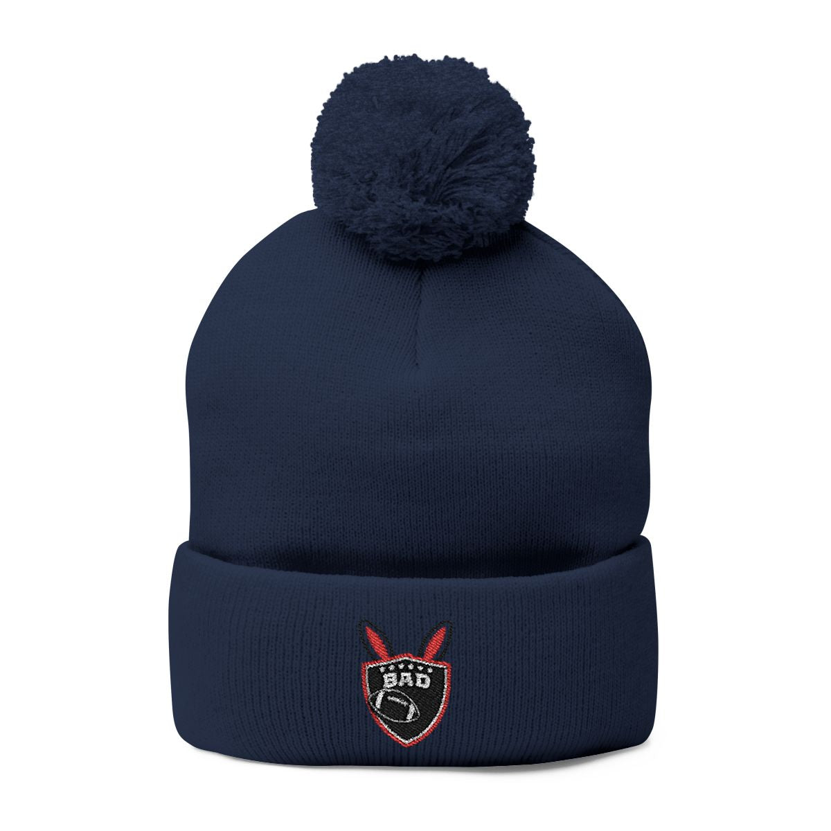 Stylish Dark Blue Pom Pom Beanie with Unique Patch Design