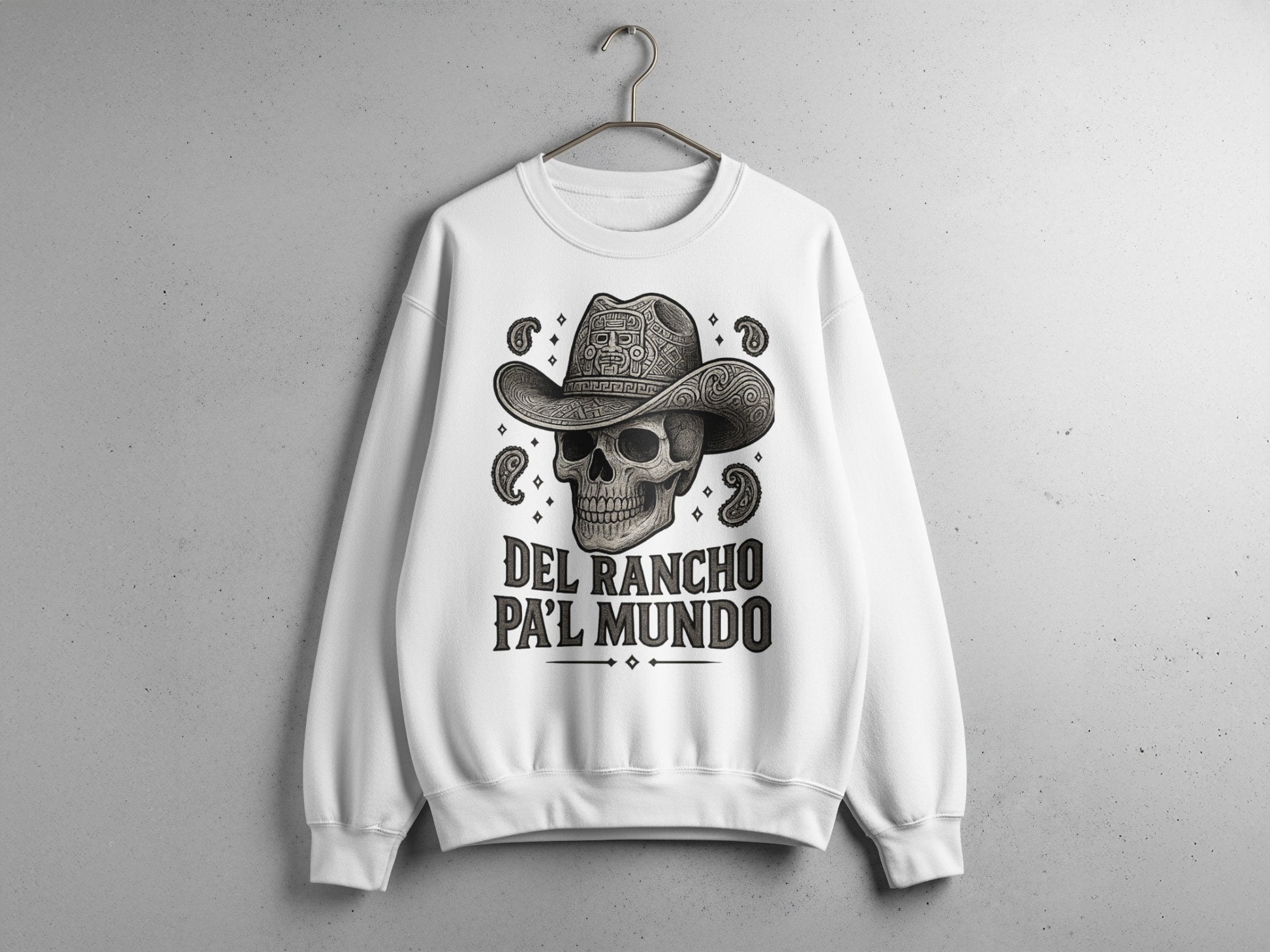 Del Rancho Pa'l Mundo with Skull and Hat Design Sweater