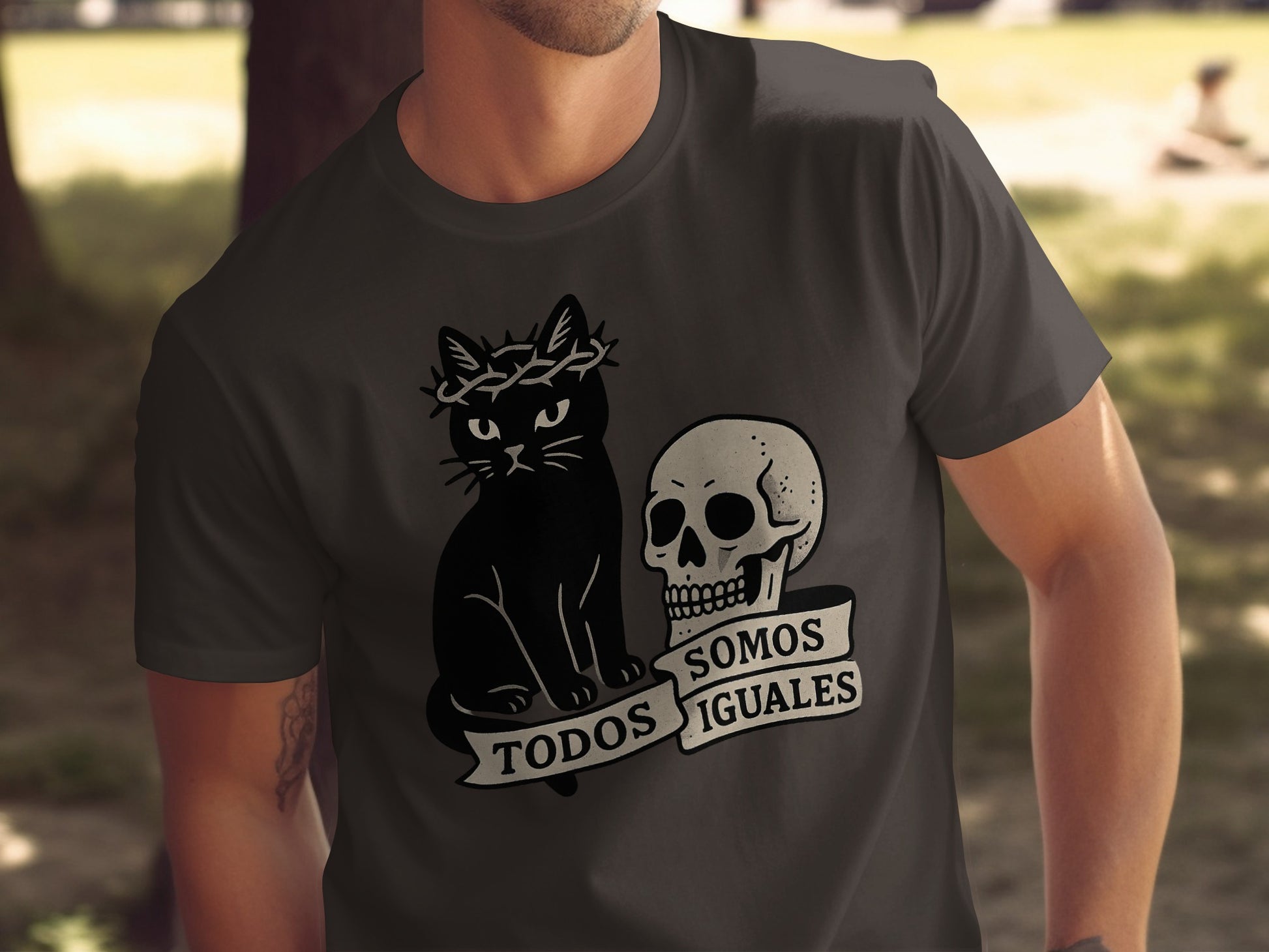 Todos Somos Iguales Cat and Skull Graphic Shirt product