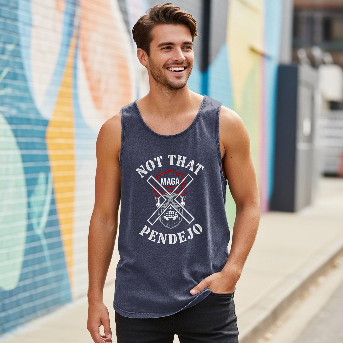 Man wearing navy tank top with "Not That MAGA Pendejo" graphic.