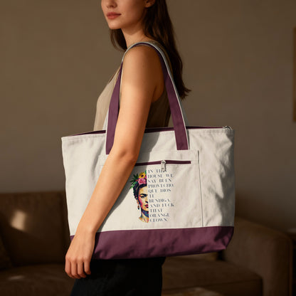 Tote bag with Frida Kahlo portrait and text: "In this house we say buen provecho. Que Dios te bendiga. And fuck that orange clown."