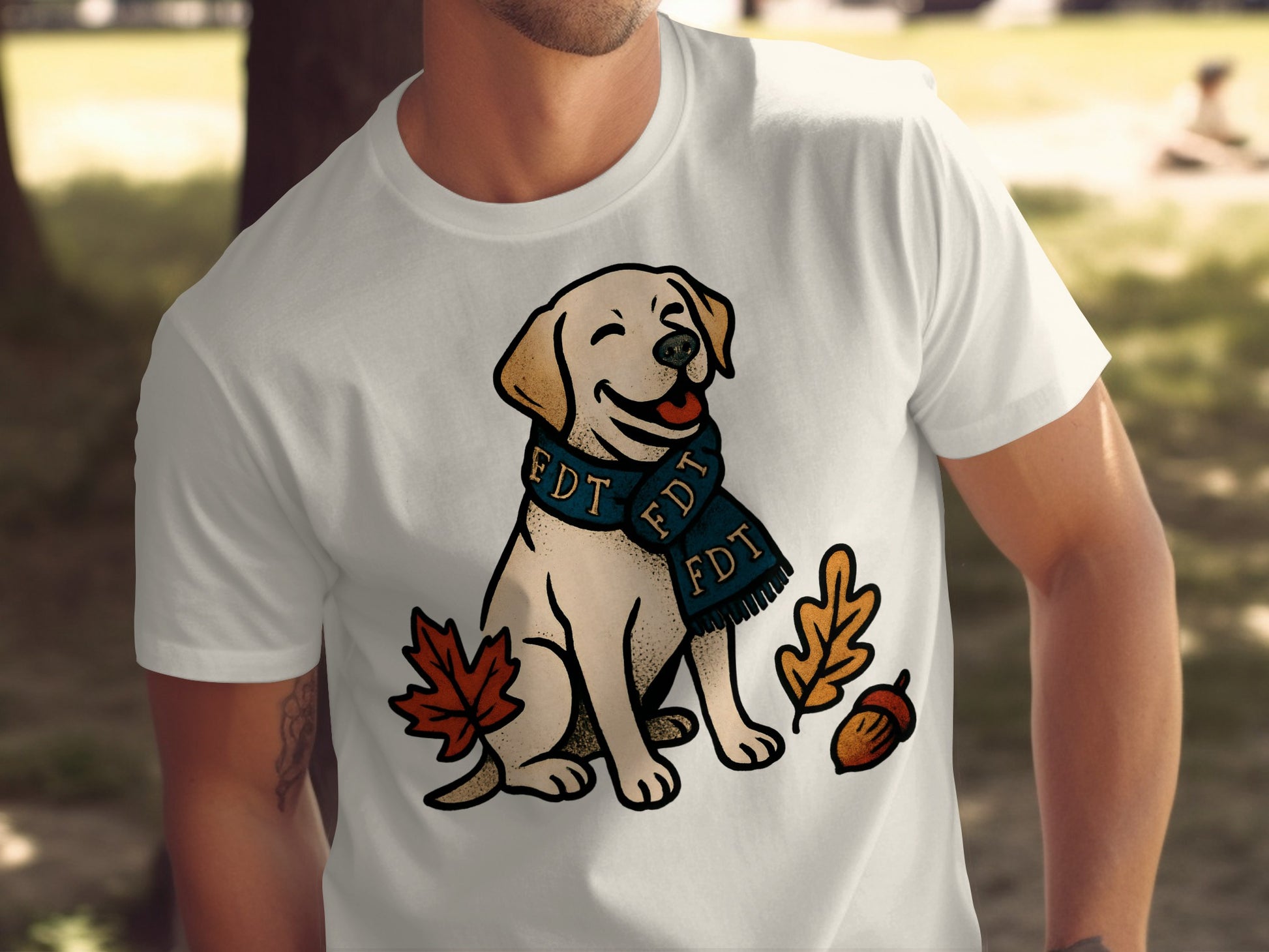 Cute Laughing Dog with Scarf Autumn Leaves T-shirt