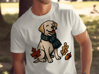 Cute Laughing Dog with Scarf Autumn Leaves T-shirt