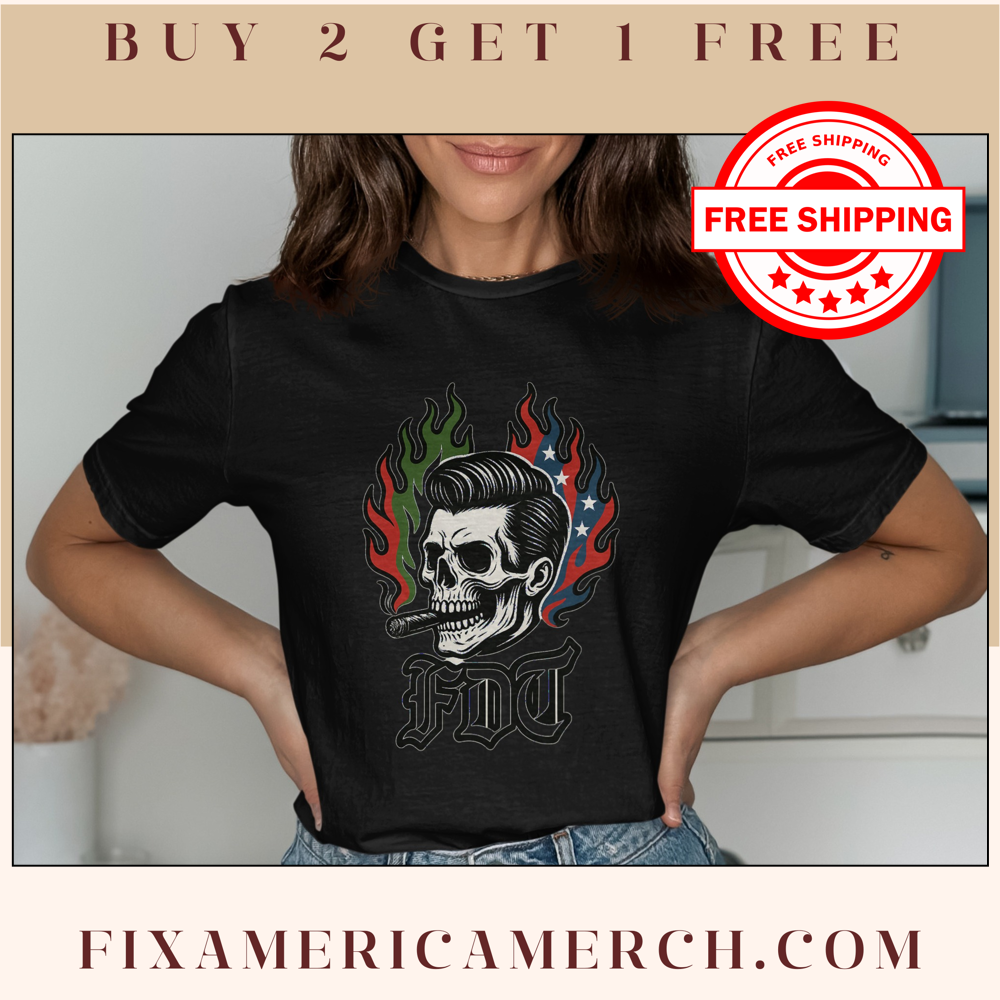 Skull Design T-Shirt with Flames Graphic product type