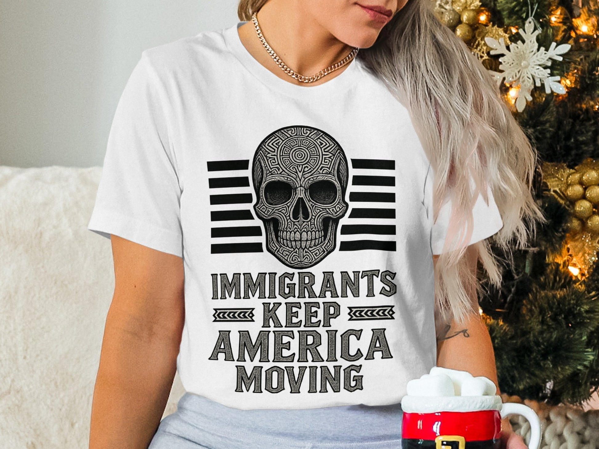 Immigrants Keep America Moving Skull Design T-Shirt