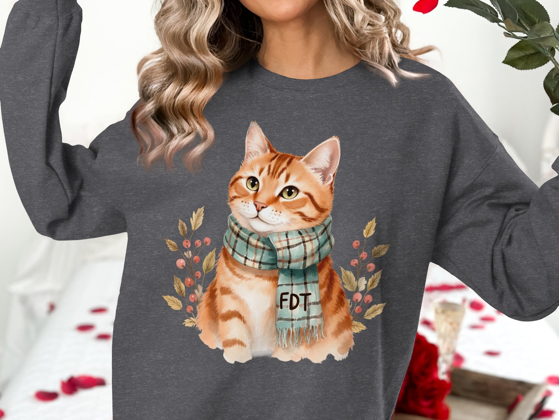 Cozy Cat with Scarf Graphic Long Sleeve Shirt