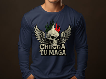 Chinga Tu Maga Skull Graphic Long Sleeve Shirt
