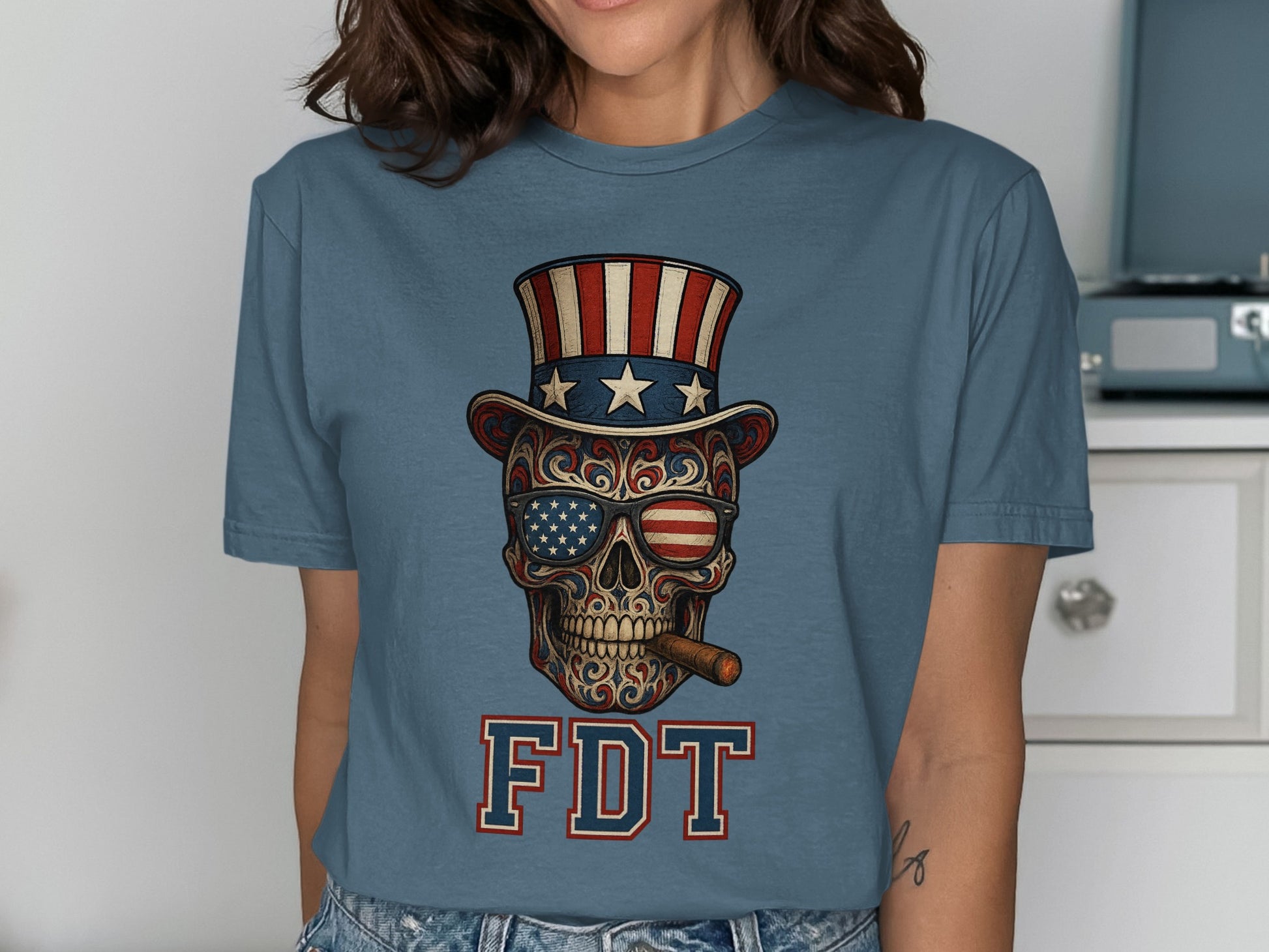 Patriotic Skull with Hat Graphic on Blue T-Shirt product