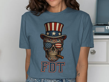 Patriotic Skull with Hat Graphic on Blue T-Shirt product