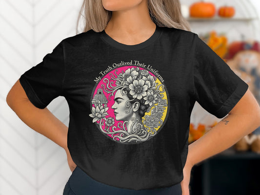 Frida Kahlo Portrait With Flowers and Aztec Symbols T-Shirts