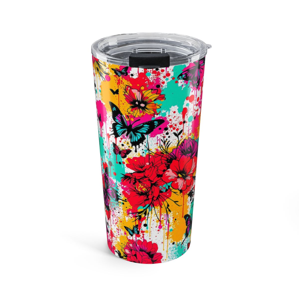 Colorful Floral and Butterfly Design Travel Mug
