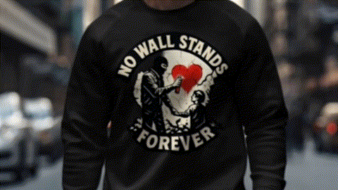 A person wearing a black sweatshirt with a graphic design on it.