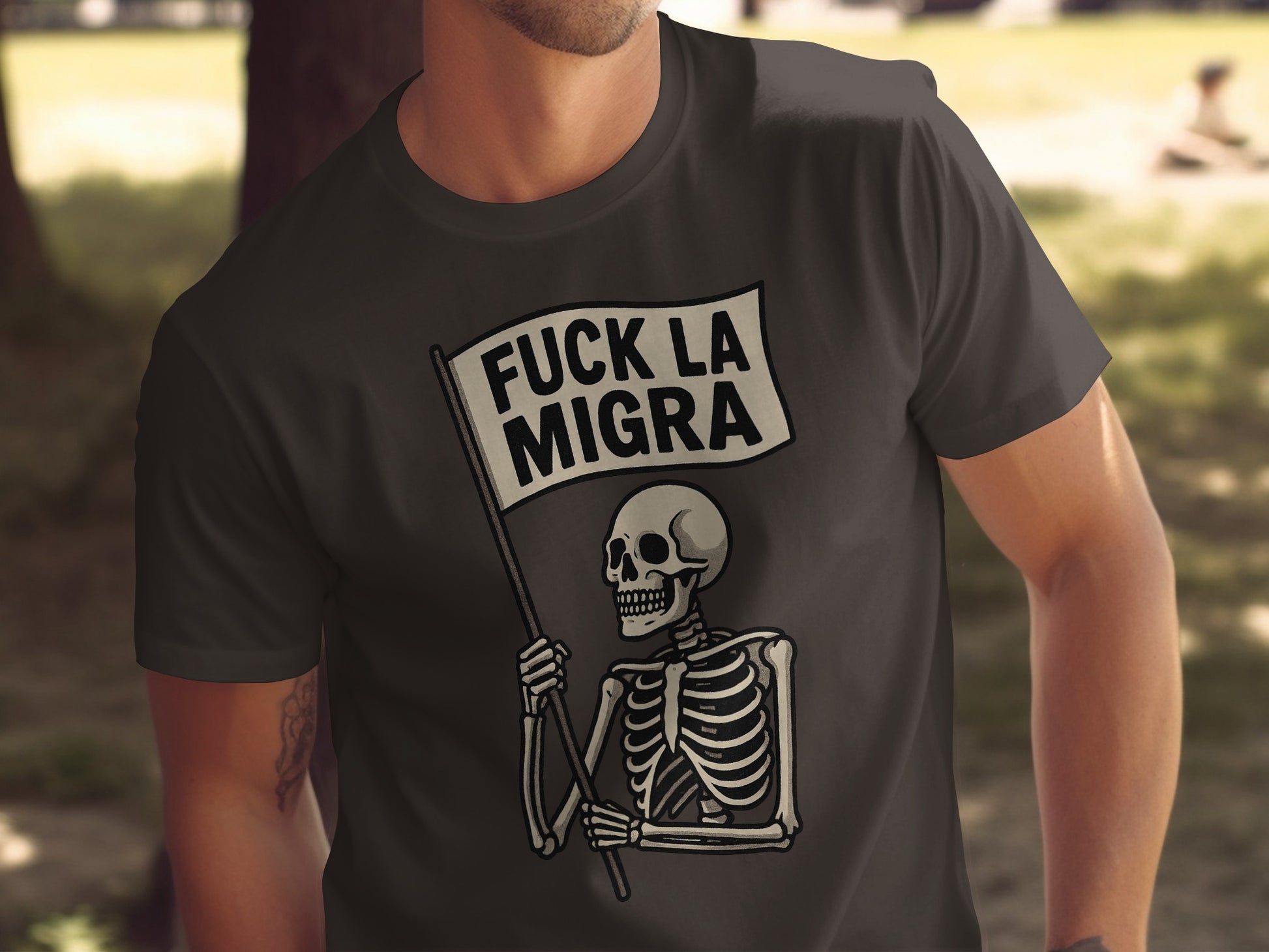Fuck LA Migra Skeleton Holding Flag Shirt product type