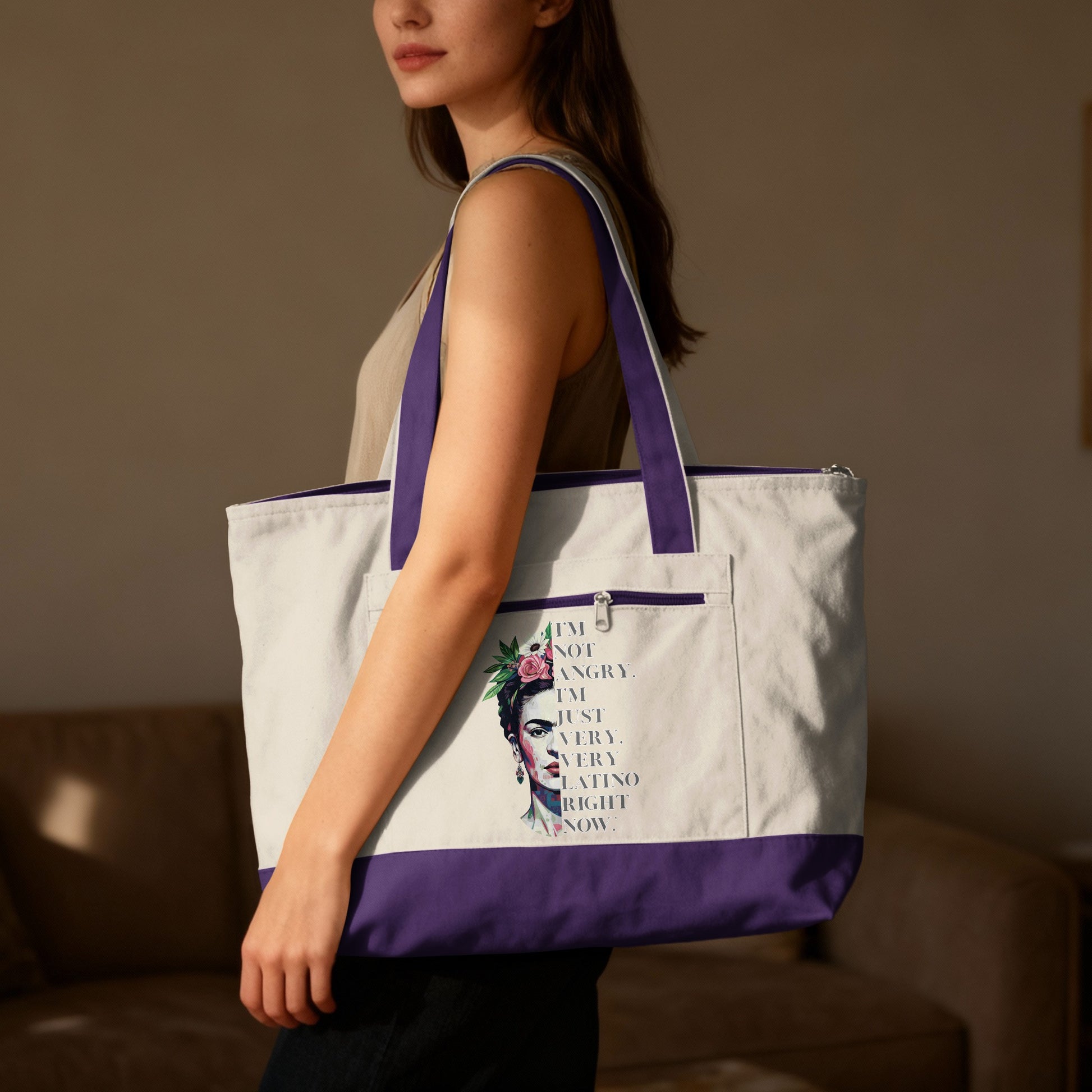 Tote bag with Frida Kahlo graphic and text "I'm not angry. I'm just very. Very. Latino. Right now."