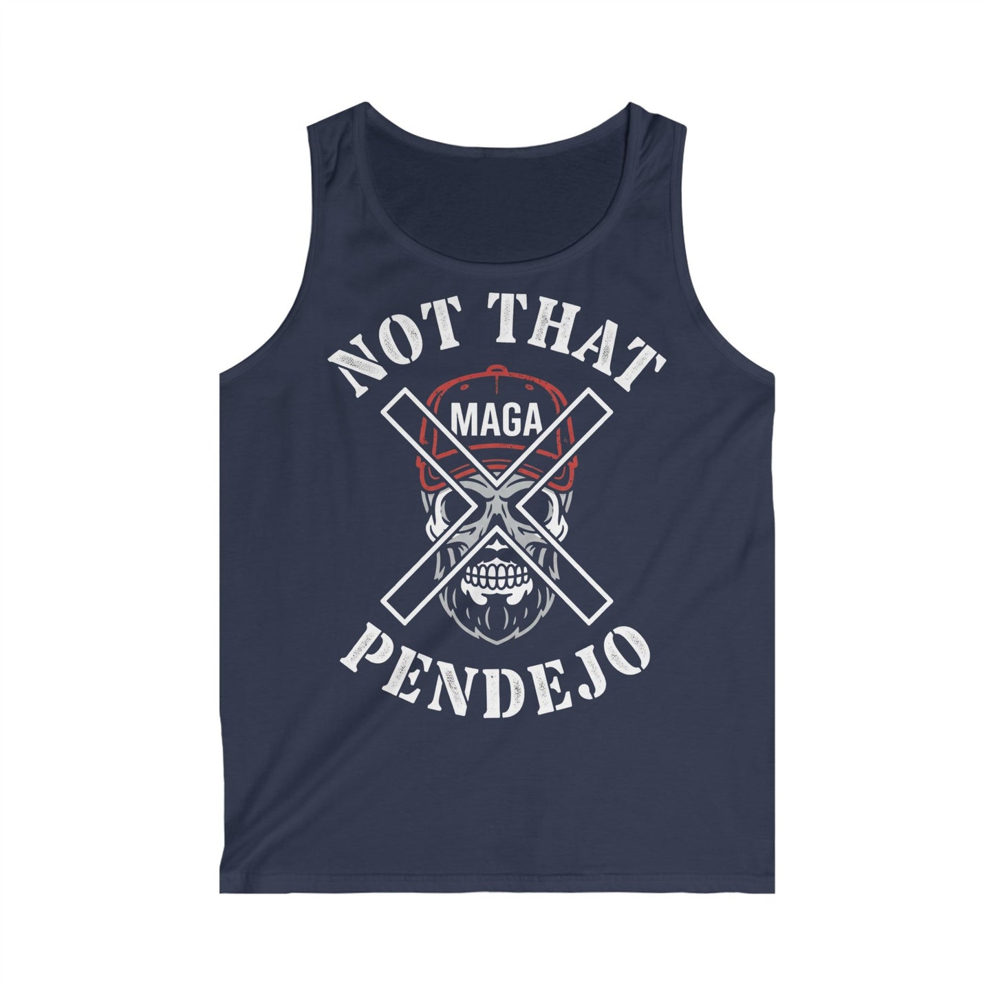 Navy blue tank top with skull and "Not That MAGA Pendejo" text.