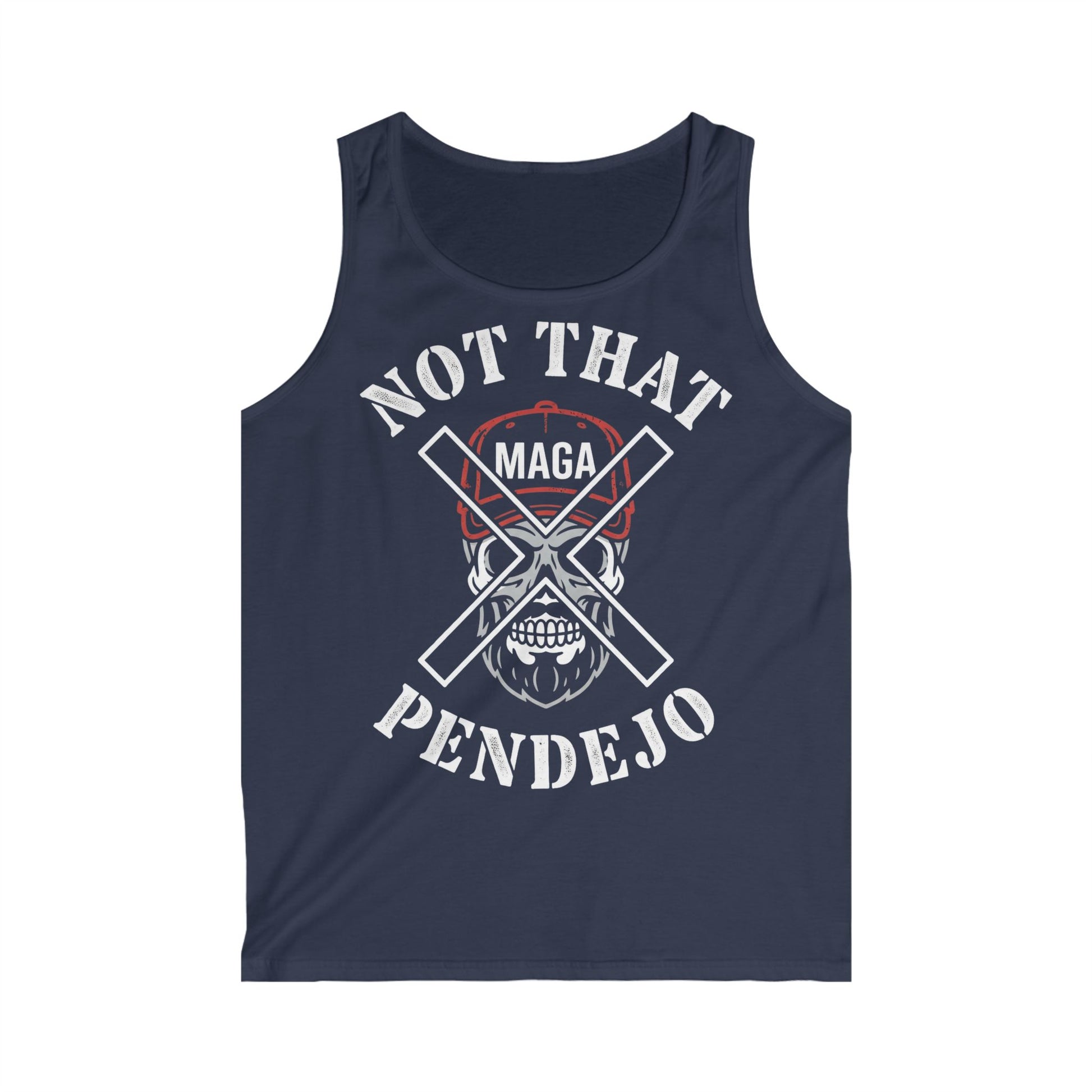 Navy blue tank top with skull and "Not That MAGA Pendejo" text.